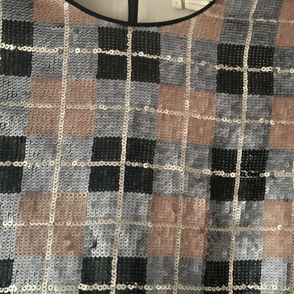 Kate Spade Sequin Embellished Plaid Short Sleeve Black Multi Crew Neck Top - 4 - Picture 4 of 7